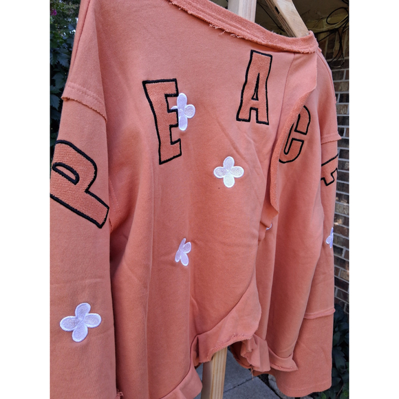 POL Embroidered Peace Sweatshirt V Neck Slit Back Long Sleeves Sz.L Papaya - Picture 8 of 13